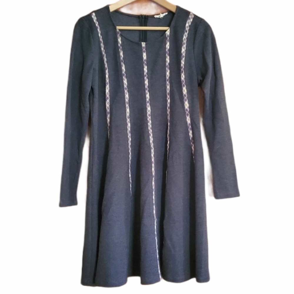 Anthropologie Mystree Long Sleeve Fall Dress Gray Stripes Plaid Size Medium Grey